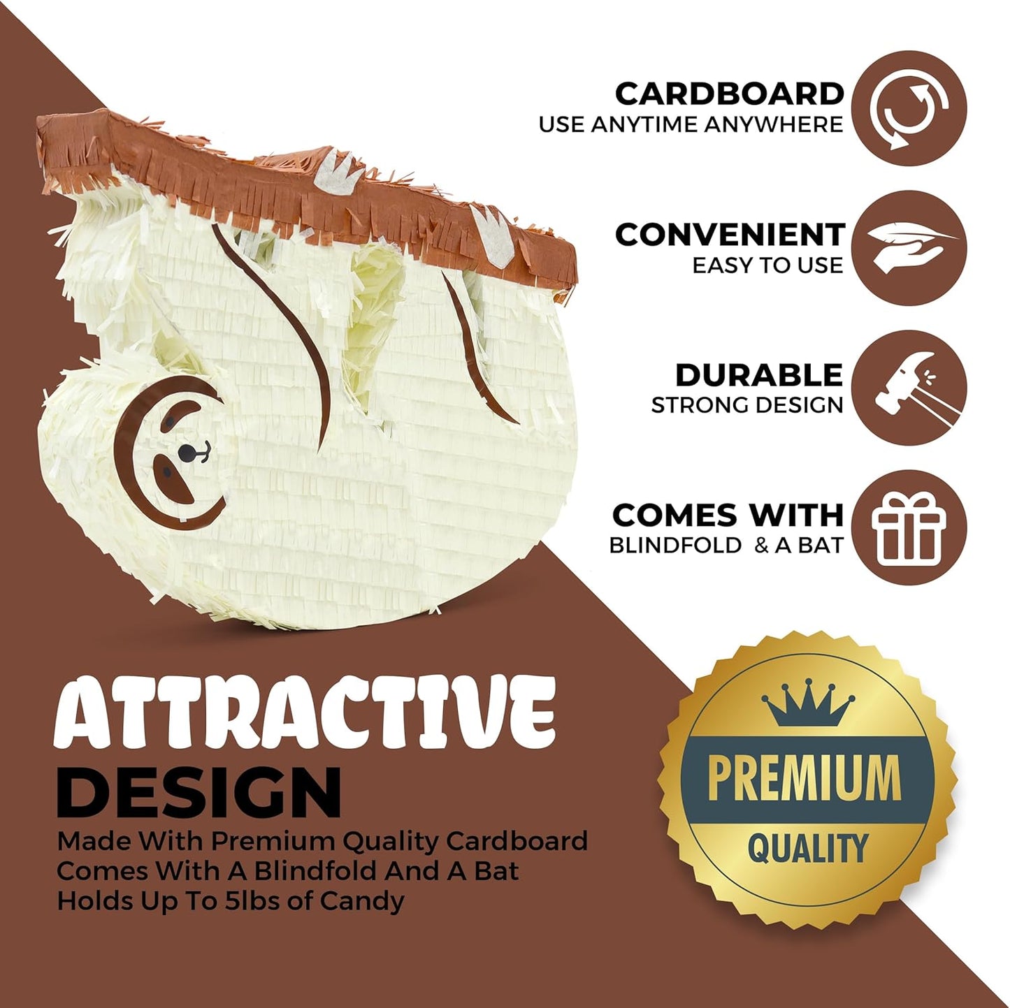 Sloth Pinatas Bundle with a Blindfold and Bat (16x12.5x4 Inches), Perfect for Birthday Parties, Farm Animal Theme Parties, Decorations