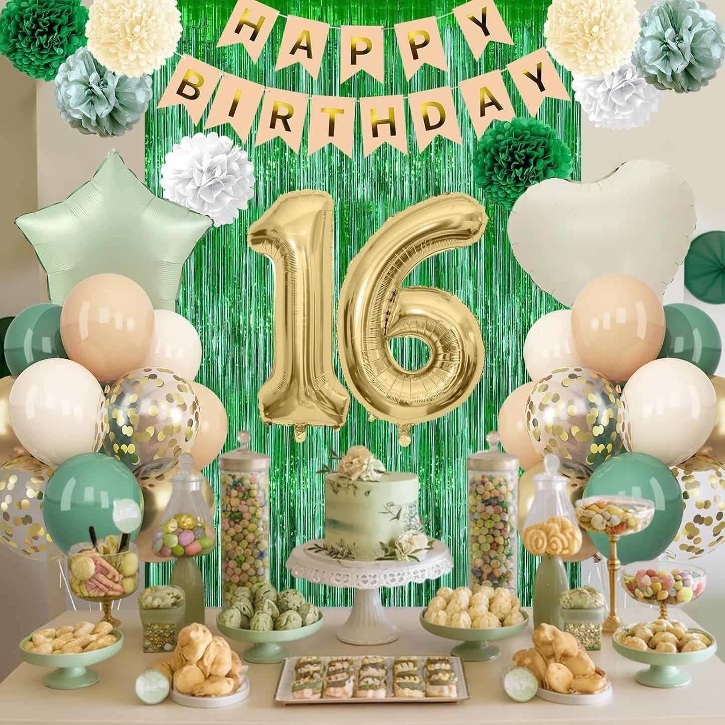 Sage Green 16th Birthday Decorations for Boys Girls Gold Number 16 Balloon Nude Gold Happy Birthday Banner Fringe Curtain Paper Pom Poms Olive Green Cream White Sand Star Foil Balloons Party Decor
