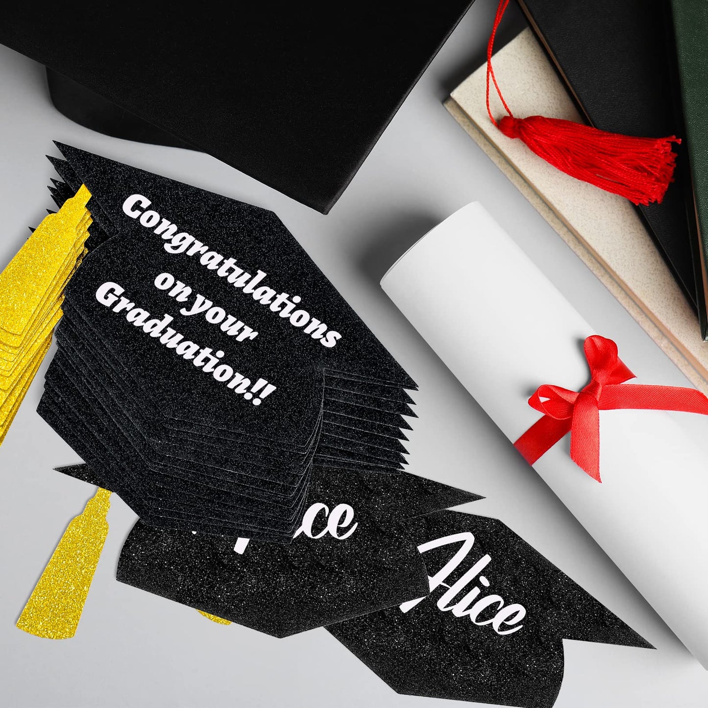 Whaline 50Pcs Grad Caps Cutouts Glitter Black Gold Graduation Hat Cutouts 5.7 Inch Grad Cap