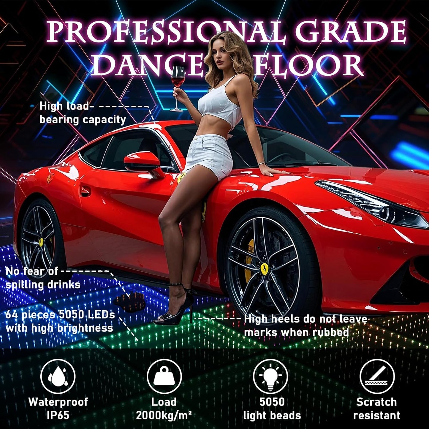 Dance Floor Stage Lights-Tempered Glass with Flight Case - RGB Color Changing Lights for Wedding, Party, Club - Non-Slip (3D -Magnetic, 8 * 8 FT)