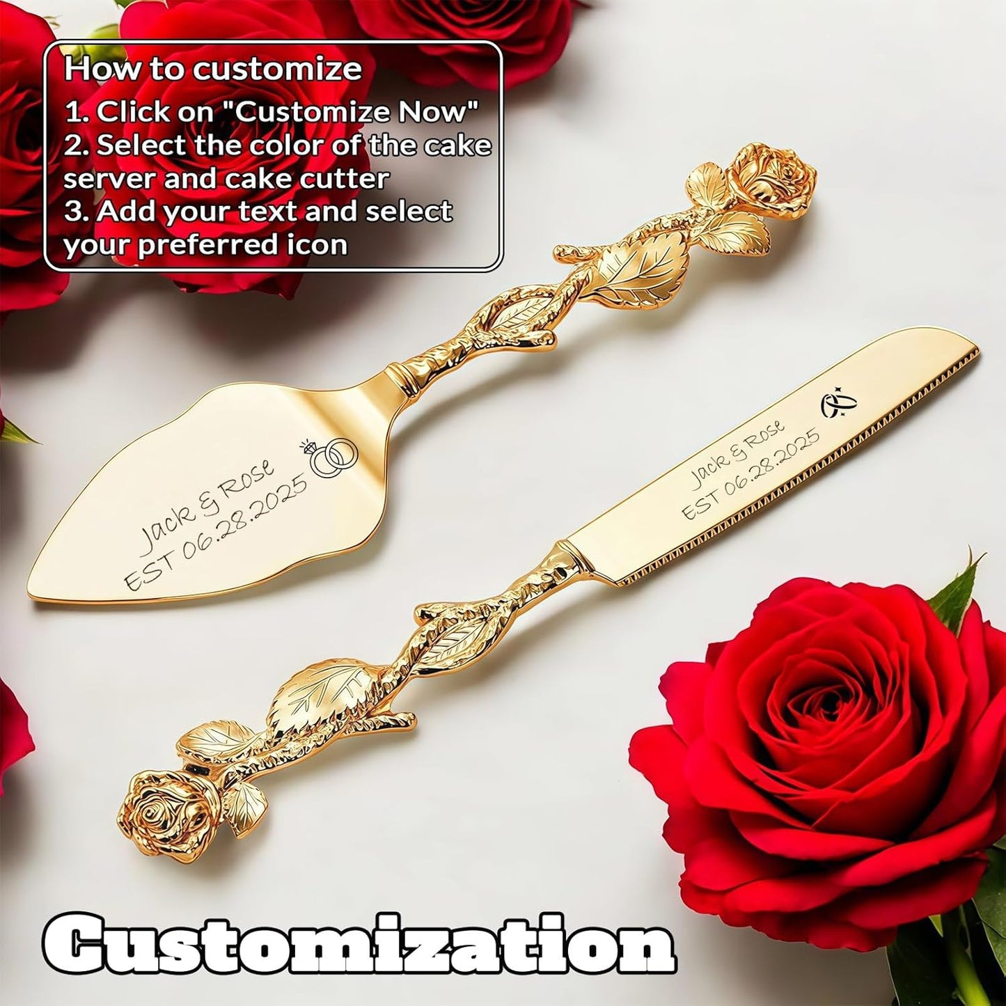 Personalized Wedding Cake Knife and Server Set, Custom Name/Date Cake Cutting Set for Wedding, Customized Cake Cutter for Bridal Anniversary Birthday Couple Gifts (Rose-Gold)
