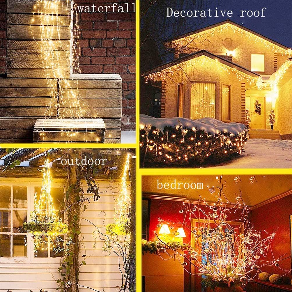 220 LED Firefly Bunch Lights Battery Operated, 8 Flashing Modes Waterproof Copper Wire Waterfall Lights, Remote Controlled Timer and Hooks, Fairy Lights for Indoor Outdoor Decor (Warm White)