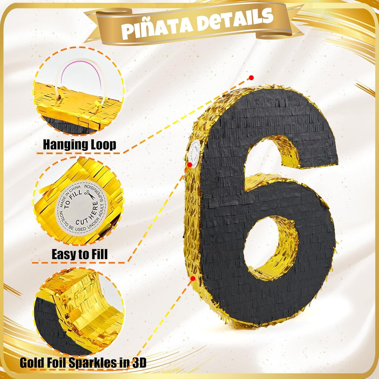 PCFING 20 Inch Number 6 Piñata Gold Black with 30 Inch Piñata Stick Blindfold Confetti for Man Women Boys Girls Birthday Party Decorations, Anniversary Celebration, Fiesta