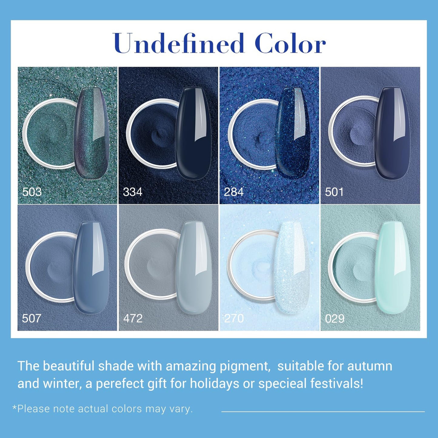 AZUREBEAUTY 30Pcs Dip Powder Nail Kit Starter with Nail Sticks, Glitter Baby Dark Blue 8 Colors Dipping Powder Liquid Set Added Matte Top Coat for Fall Winter Nail Art Manicure Salon DIY Home Gift