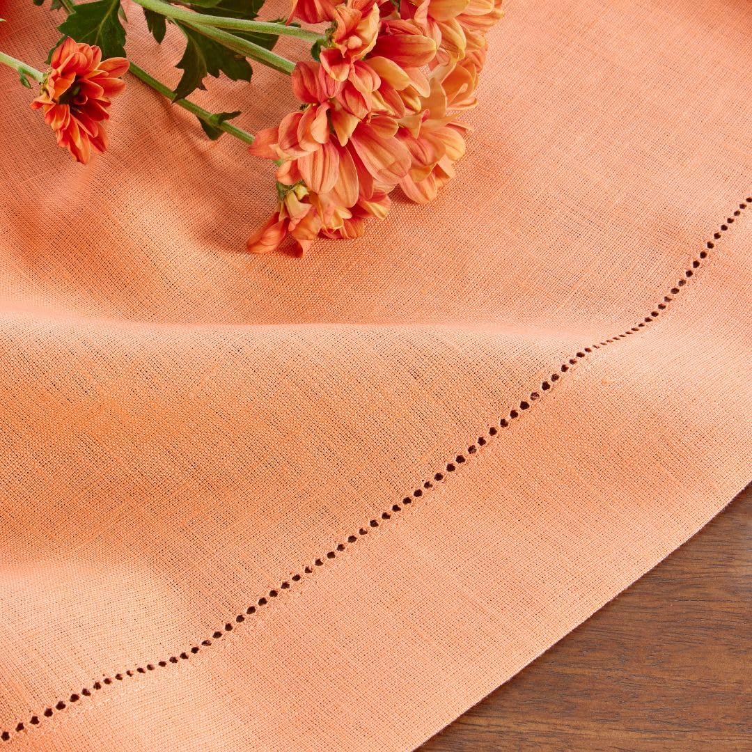 Solino Home Linen Tablecloth for Rectangle Tables 60 x 90 Inch - Classic Hemstitch 100% Pure Linen Coral Table Cloth - Machine Washable Cloth Tablecloth