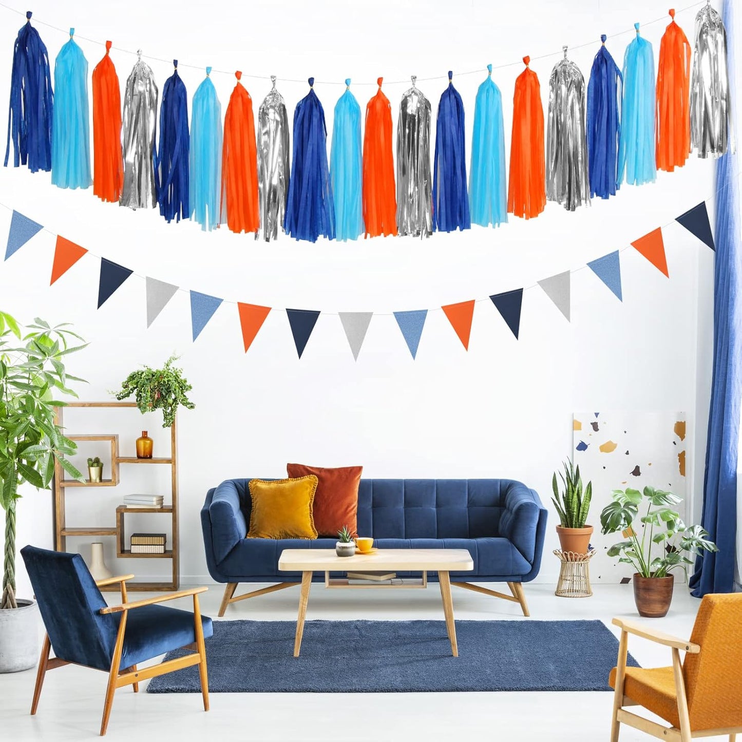 Blue-Silver Orange Space Party-Decorations Streamers-Garland - 30pcs Graduation 2025 Tissue Pom Poms,Tassel Banner Backdrop Birthday Boy Baby Shower Decor Bunting Lasting Surprise