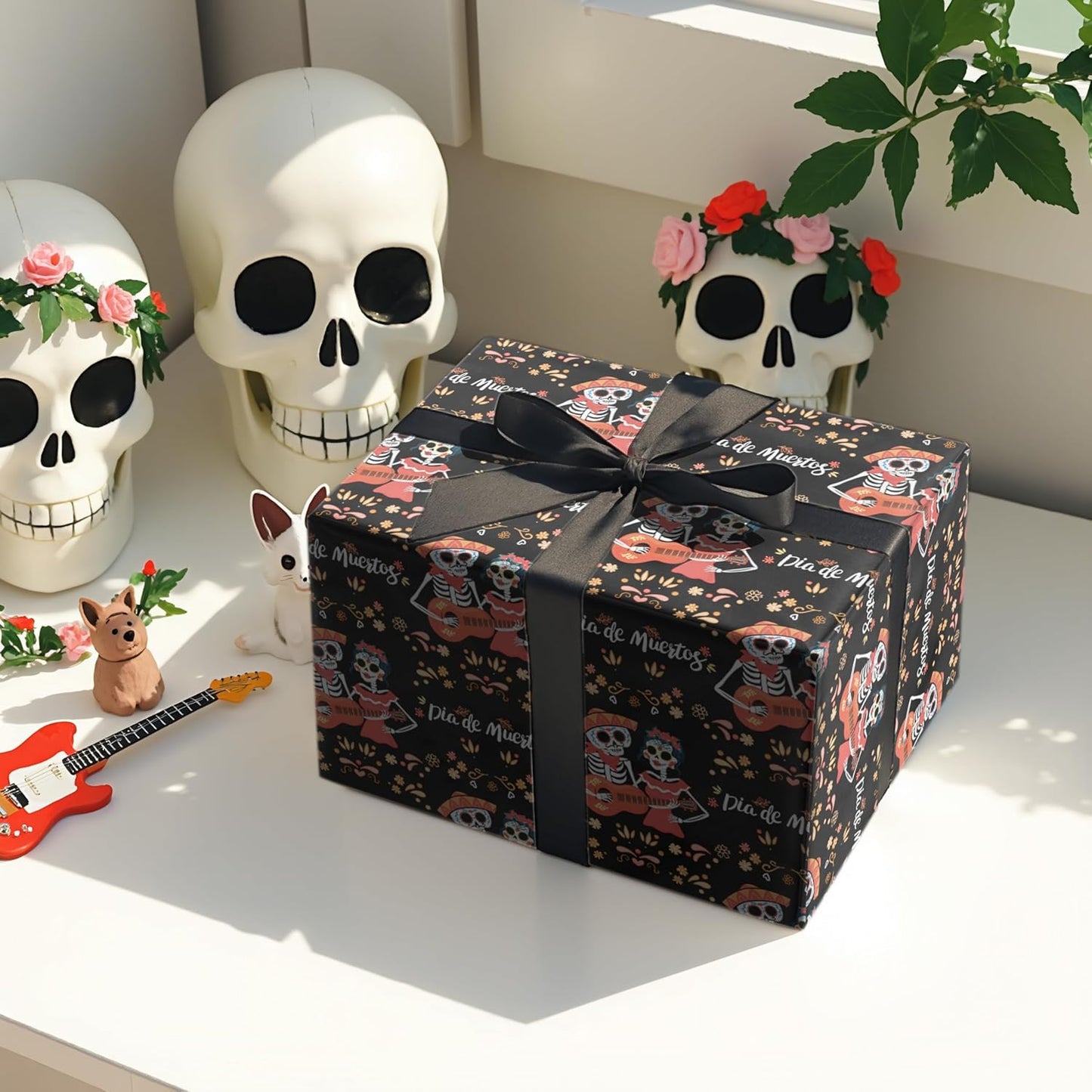 LeZakaa Day of the Dead Wrapping Paper Roll, Skulls, Día de Muertos Skeleton Couple Playing Guitar Design, for Party Celebrations, Romance, Mini Roll 17 in x 16.4 Ft