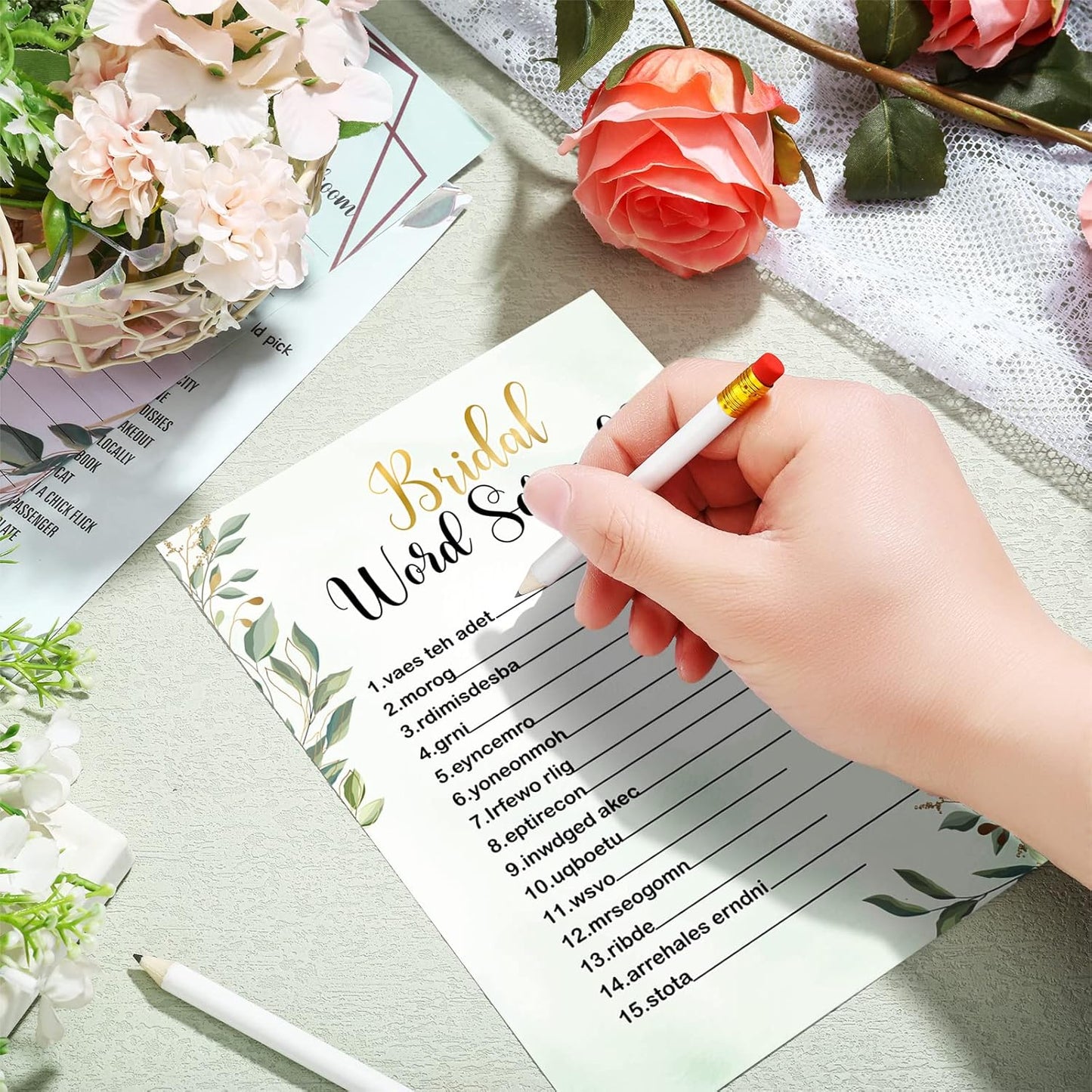 Teling 145 Pieces Bridal Shower Game Bridal Shower Favors Set Wedding Games Cards and Pencils for Bride Groom Bachelorette Party Wedding Party Favor(Eucalyptus Style)