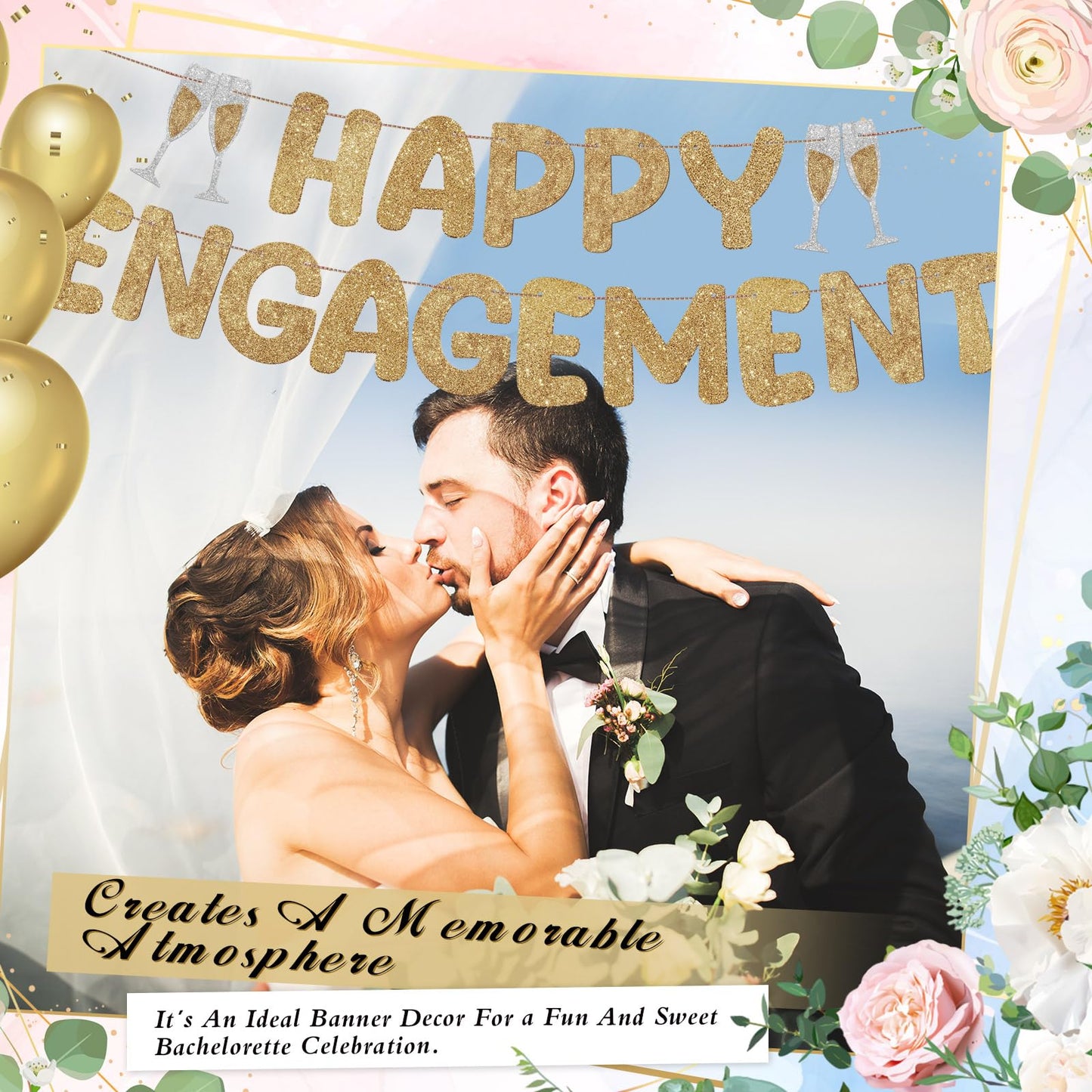 Breling Pre-Strung Glitter Happy Engagement Banner, Champagne Gold