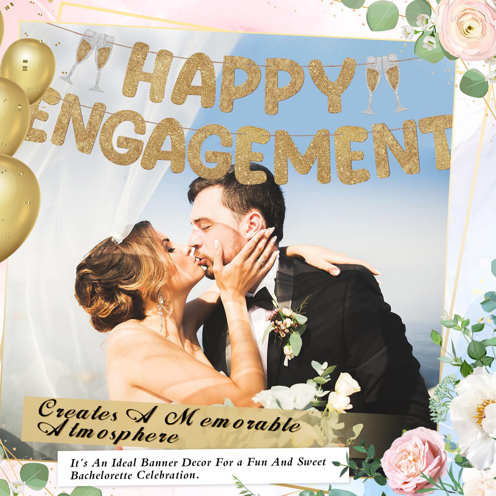 Breling Pre-Strung Glitter Happy Engagement Banner, Champagne Gold