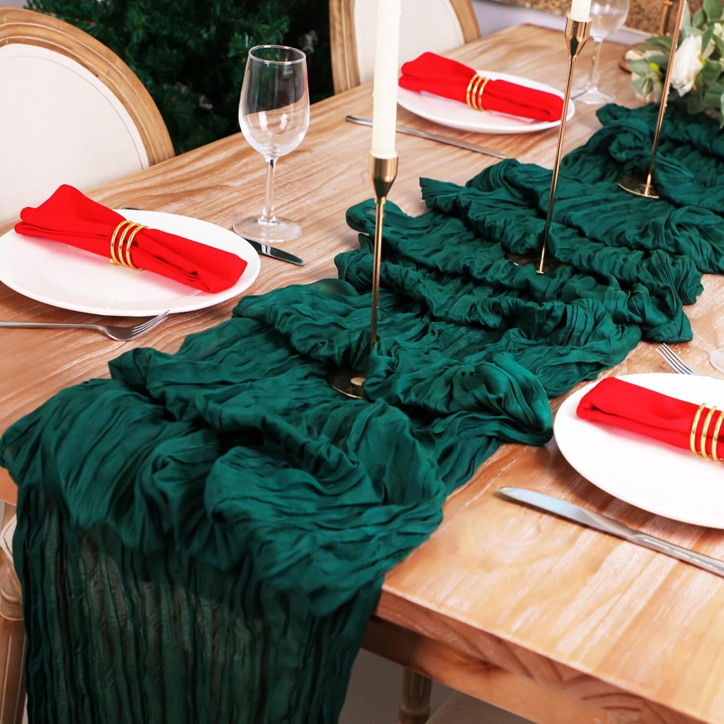 Snowkingdom Emerald Green Table Runner 120 Inch 10 Ft Rustic Boho Dark Green Cheese Cloth Runner for Wedding Bridal Baby Shower Birthday Party Christmas Sheer Gauze Home Table Centerpiece Deocrations