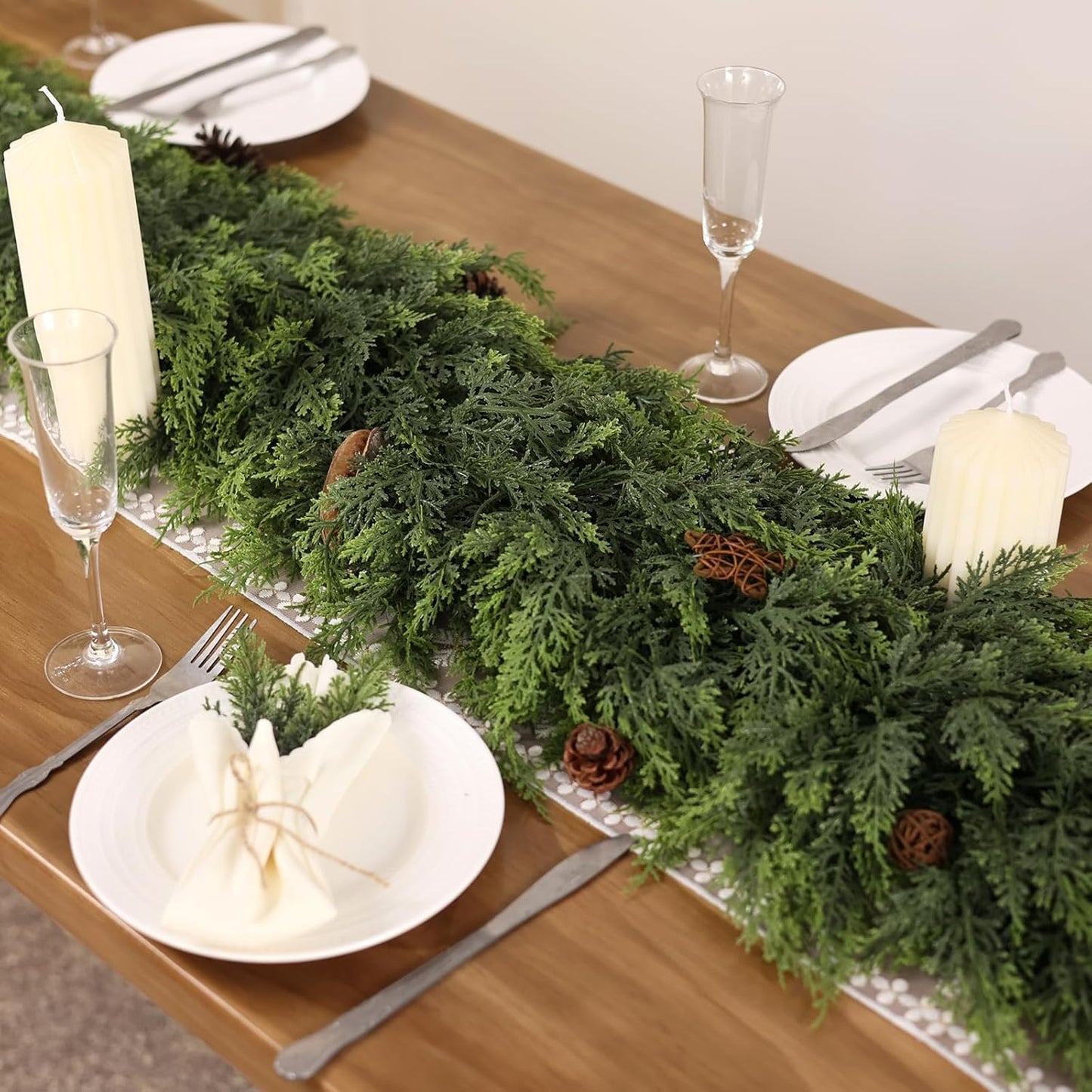 6FT Real Touch Cedar Garland - Artificial Christmas Garland Fake Green Faux Thick and Lush Pine Needles Garlands for Table Fireplace Mantle Holiday Home Indoor Outdoor Decor (2PCS)