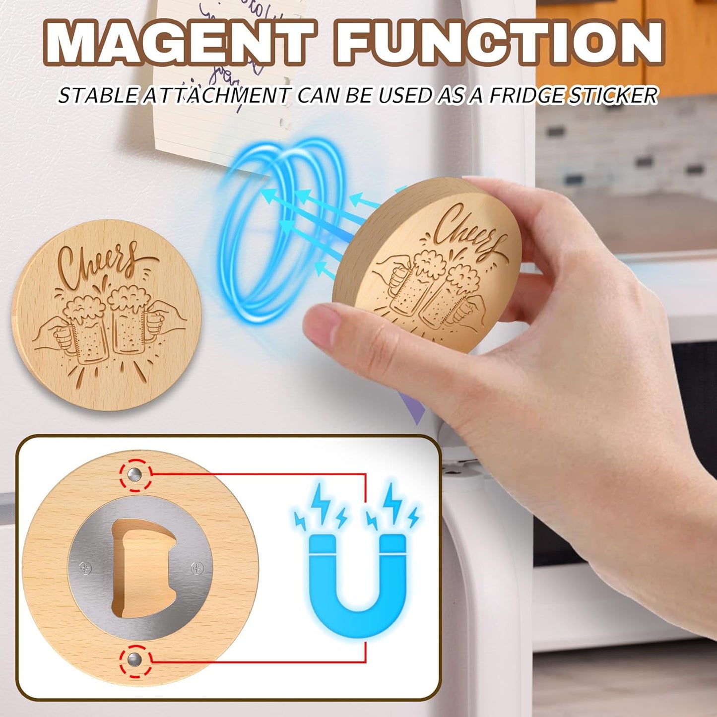 8 Custom Magnetic Bottle Opener Refrigerator, Personalized Engraved Wood Beer Openers, Wooden Round Fridge Magnet for Beer Lover Wedding Guest Bars Parties Men Gift Father's Day (Round)