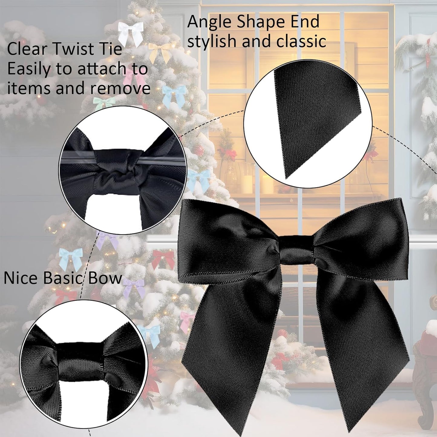114 Pack Twist Tie Bows for Treat Bags 3" Black Satin Ribbon Bows for Package Craft, Gift Wrapping Decoration, Candy Bags, Bakery Bags, Wedding, Baptism, Tableware Decor Party Decoration