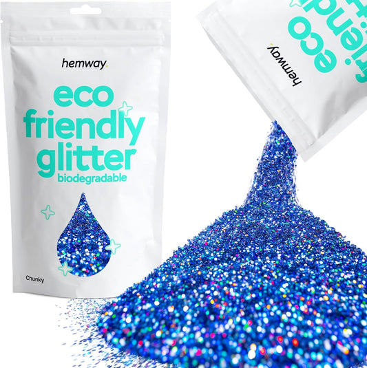 Hemway Eco Friendly Biodegradable Glitter 100g / 3.5oz Bio Cosmetic Safe Sparkle Vegan for Face, Eyeshadow, Body, Hair, Nail and Festival - Chunky (1/40" 0.025" 0.6mm) - Sapphire Blue Holographic