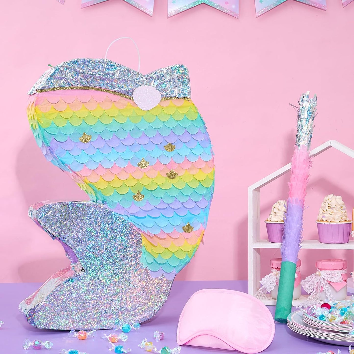 WERNNSAI Dolphin Piñata for Girls - Mermaid Princess Birthday Decorations Dolphin Pinata for Kids Under the Sea Girl Party Game Supplies with Blindfold and Bat (12.5" x 16.5" x 3")