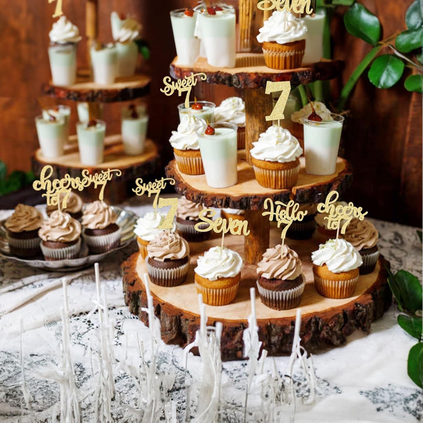 30Pcs 7th Birthday Cupcake Toppers Glitter Seven Happy 7 Cupcake Picks Cheers to 7 Years Old Cake Decorations for 7th Birthday Party Supplies Gold