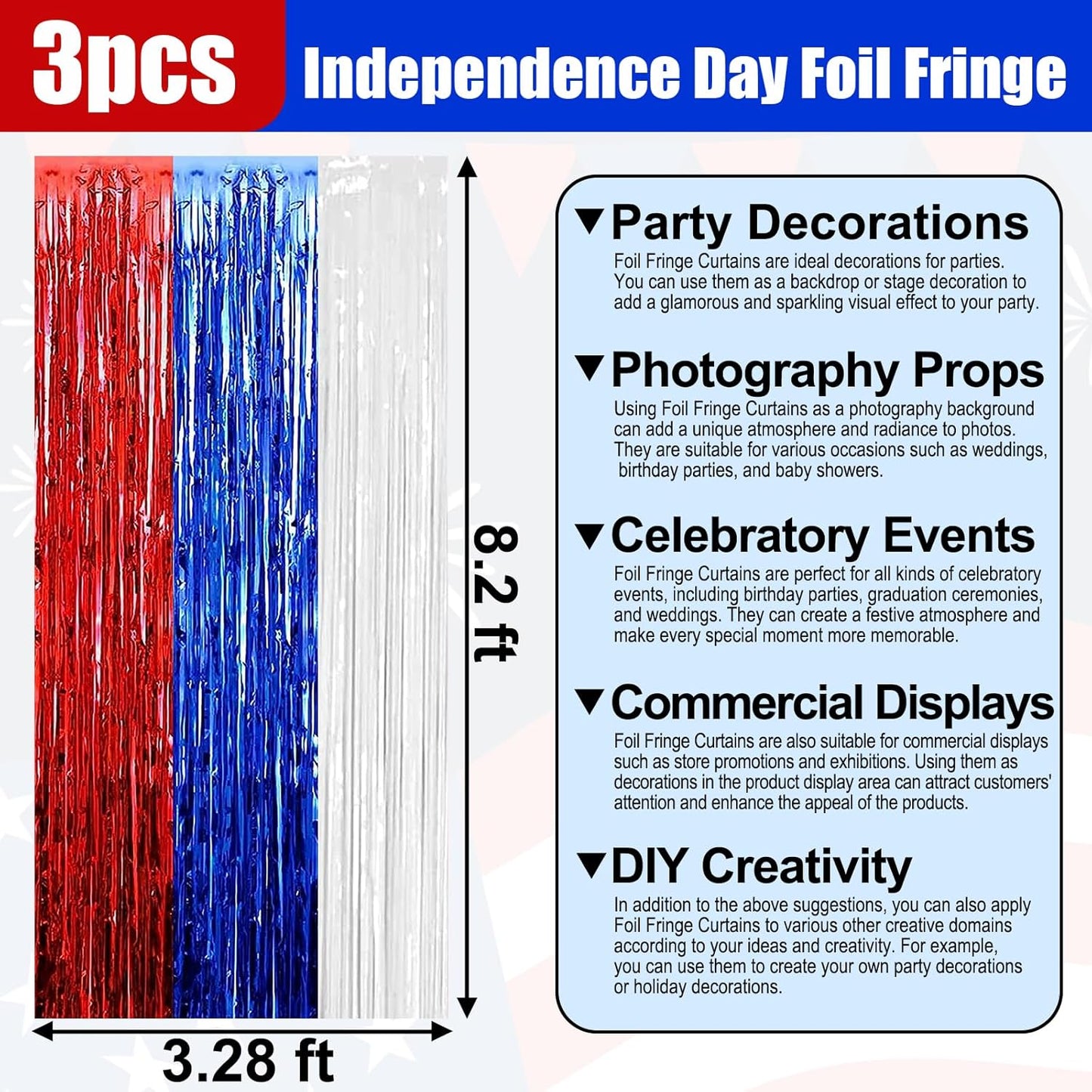 3 Pack White Blue Red Foil Fringe Curtain Backdrop, 3.28Ft x 8.2Ft Metallic Tinsel Foil Fringe Streamer Curtains for Photo Booth, Christmas Day, Thanksgiving, Wedding, New Year Party Decorations