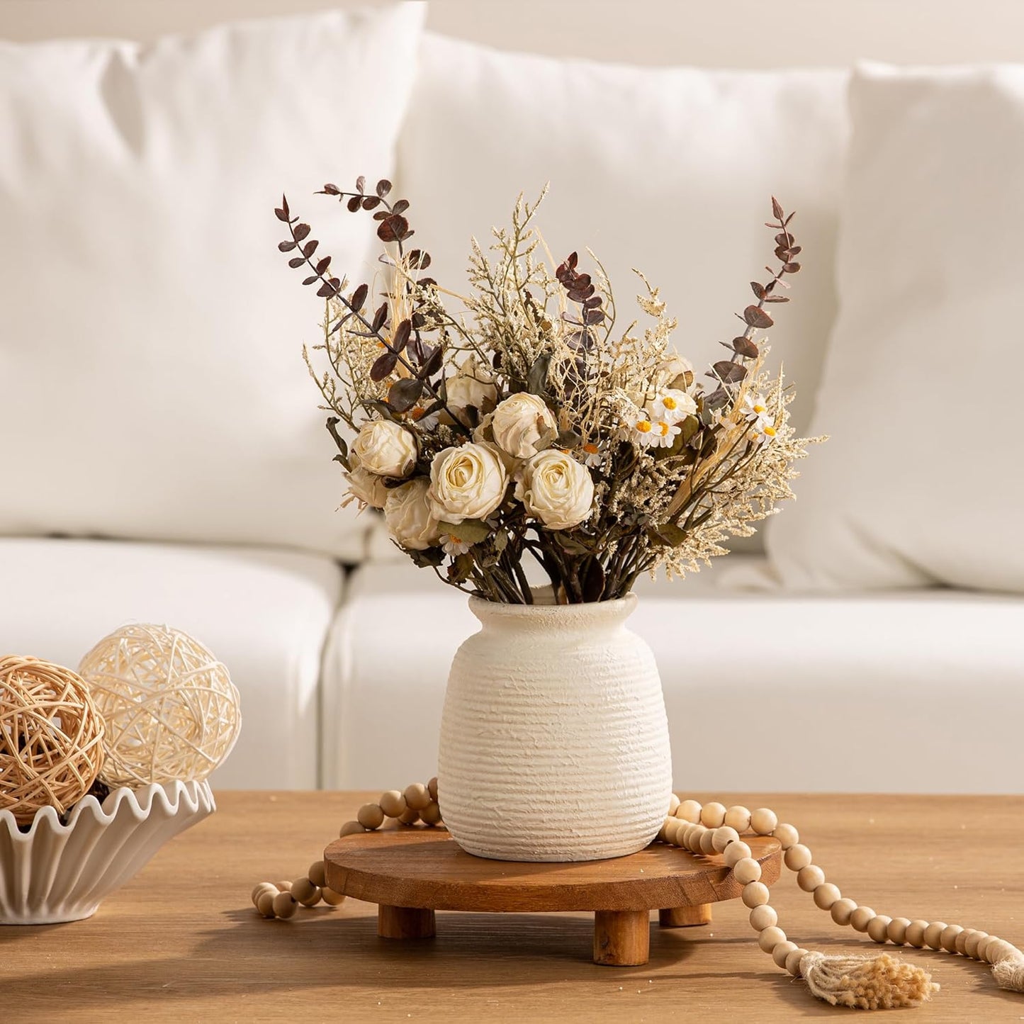 Ceramic Flower Vase, 6“ Small Rustic Farmhouse Vases Home Decor, Short Pottery Decorative Pampas Vase for Table Living Room Entryway Mantel Bookshelf Bedroom Bathroom Kitchen-White