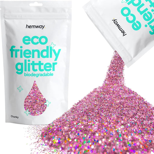 Hemway Eco Friendly Biodegradable Glitter 100g / 3.5oz Bio Cosmetic Safe Sparkle Vegan for Face, Eyeshadow, Body, Hair, Nail and Festival Makeup - Chunky (1/40" 0.025" 0.6mm) - Rose Pink Holographic
