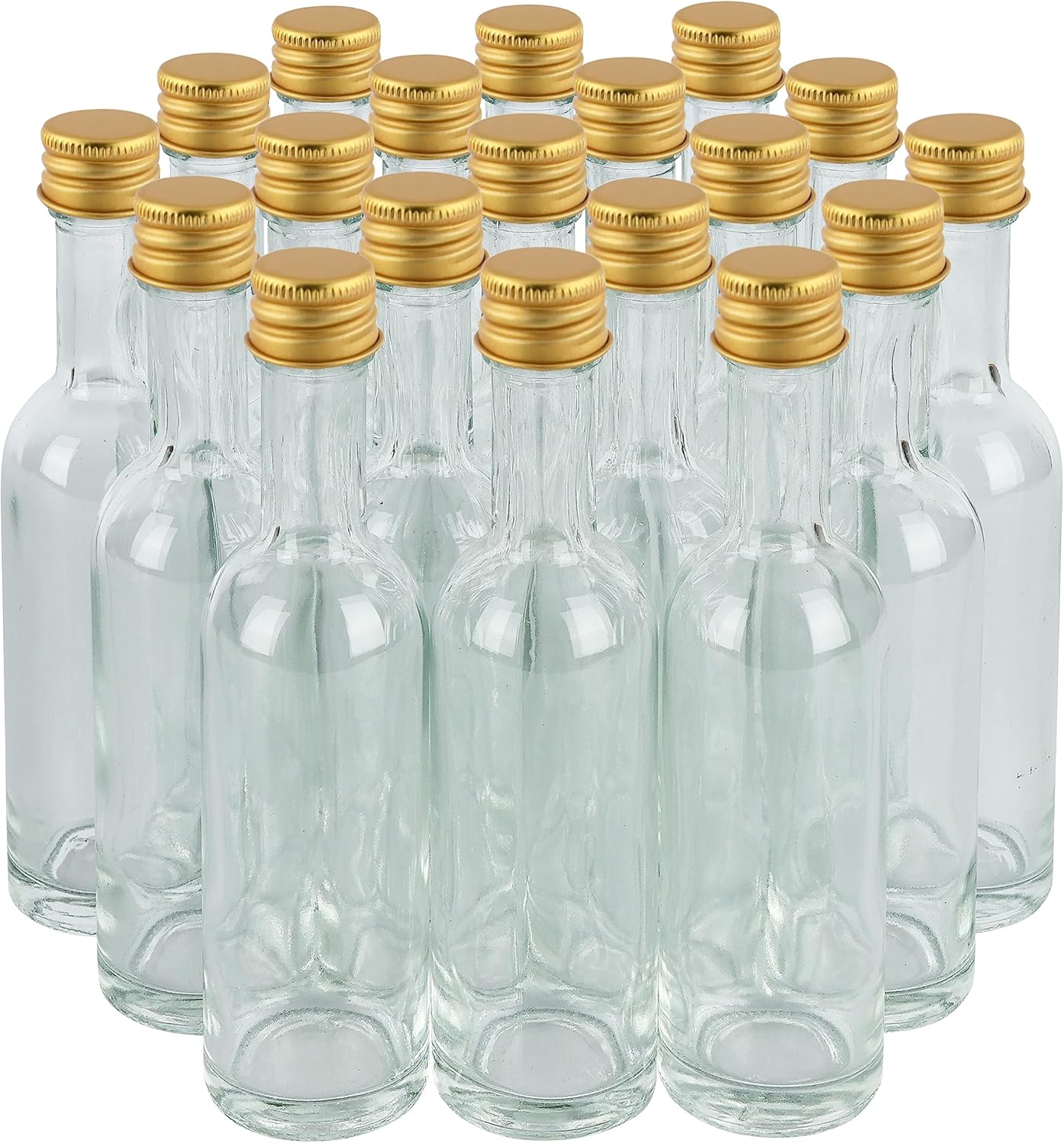 50 ml (1.7oz) 24 Pack, Mini Small Glass Bottles With Leak Proof Air Tight Gold Caps, Aluminum Lids, For Liquor Wine Alcohol Ginger Shots SamplesTequila