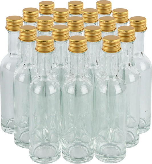50 ml (1.7oz) 24 Pack, Mini Small Glass Bottles With Leak Proof Air Tight Gold Caps, Aluminum Lids, For Liquor Wine Alcohol Ginger Shots SamplesTequila