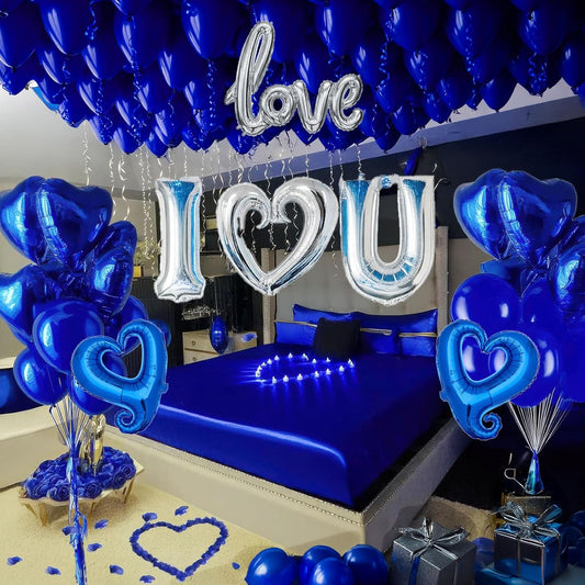 I Love You Balloons for Him/Her Balloons Royal Blue Sliver romantic balloon kit with blue heart mylar balloons blue rose petals for hotel Decorations Valentines Party wedding anniversary supplies