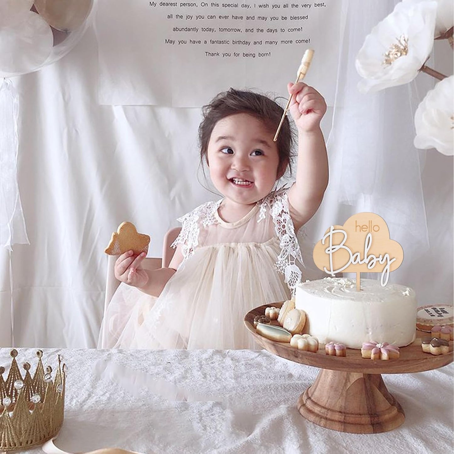 Hello Baby Wooden Cake Topper - Cloud Themed Baby Shower Party Cake Topper，Gender Reveal Party Decoration