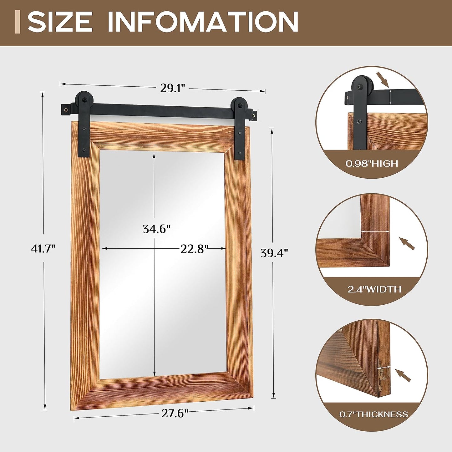 COGOOD Farmhouse Bathroom Mirror - 42 x 29 Rustic Barn Door Style Mirror for Living Room, Entryway, Vanity Wall Decor (Brown)