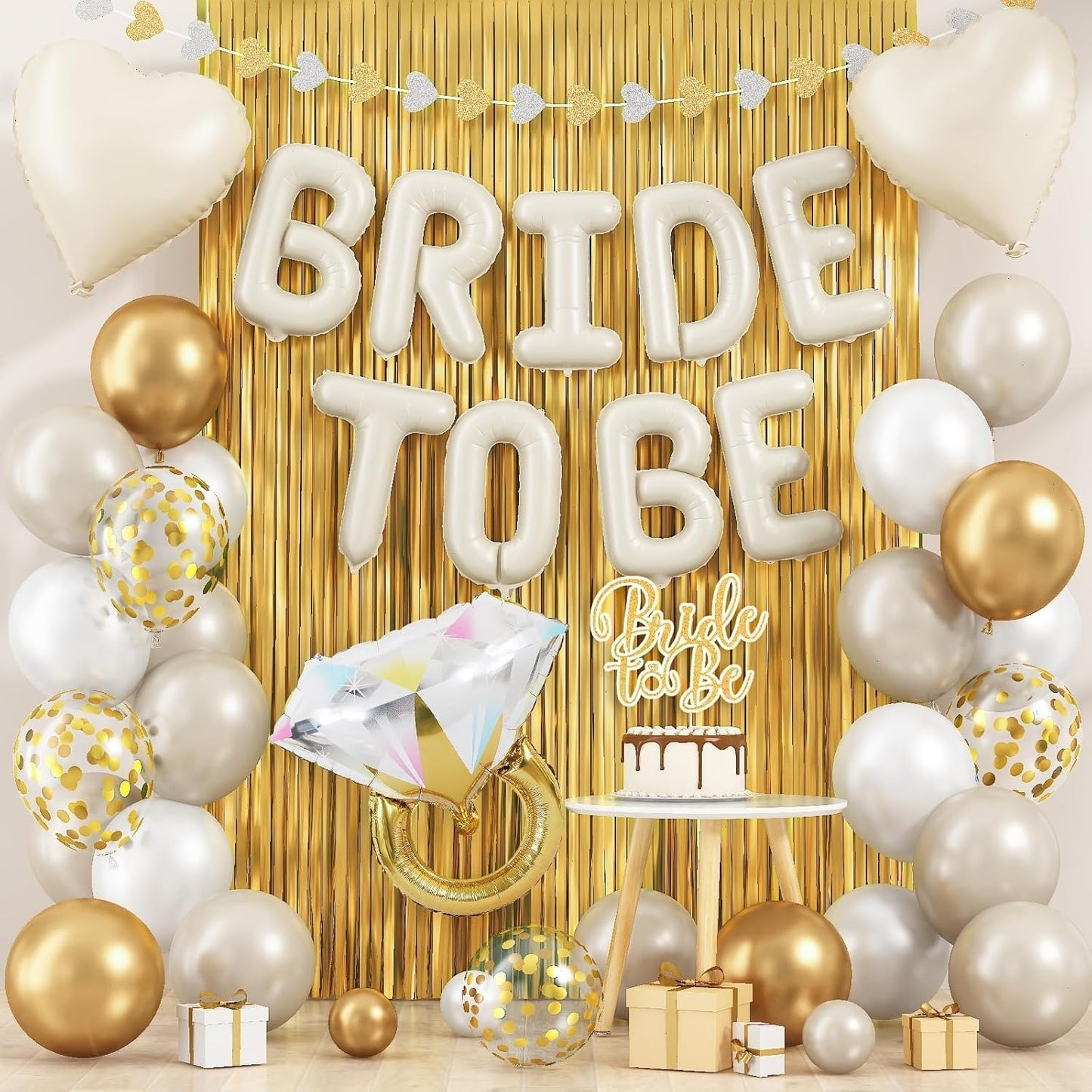Cream Gold Bachelorette Party Decorations, Bride To Be Mylar Foil Letter Balloons with White Gold Balloons Diamond Ring and Cream Heart Balloon for Bridal Shower Decoration Engagement Hen Party Decor