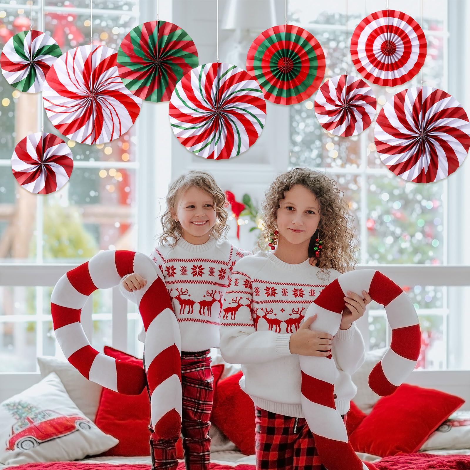 Outus Christmas Hanging Decorations Candy Paper Fans Peppermint Hanging Paper Fans Candy Cane