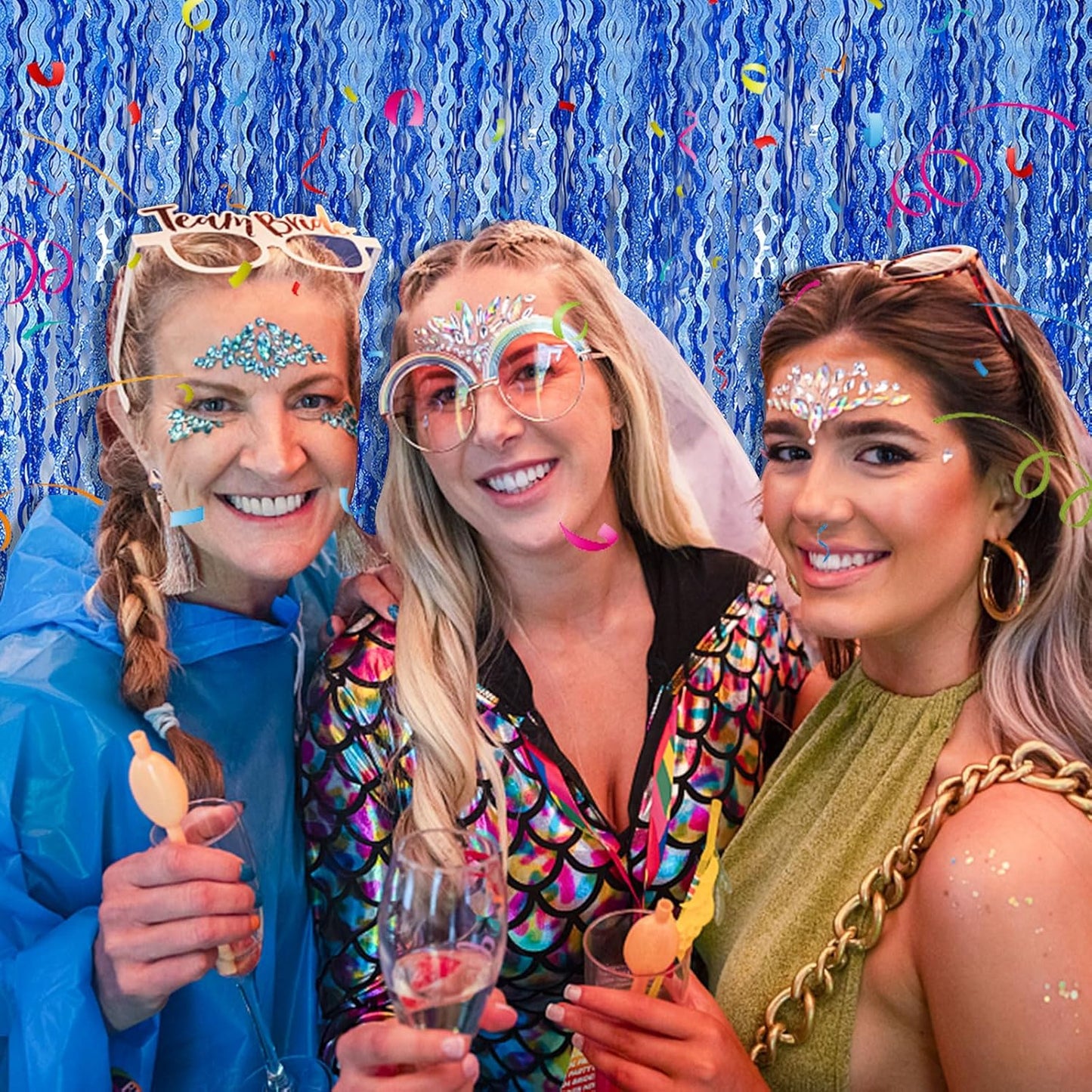 Blue Tinsel Foil Fringe Curtains Wavy Backdrop for Parties Sparkle Metallic Wavy Foil Fringe Backdrop Curtain for Party Decorations Photo Booth Props Birthday Graduation Wedding