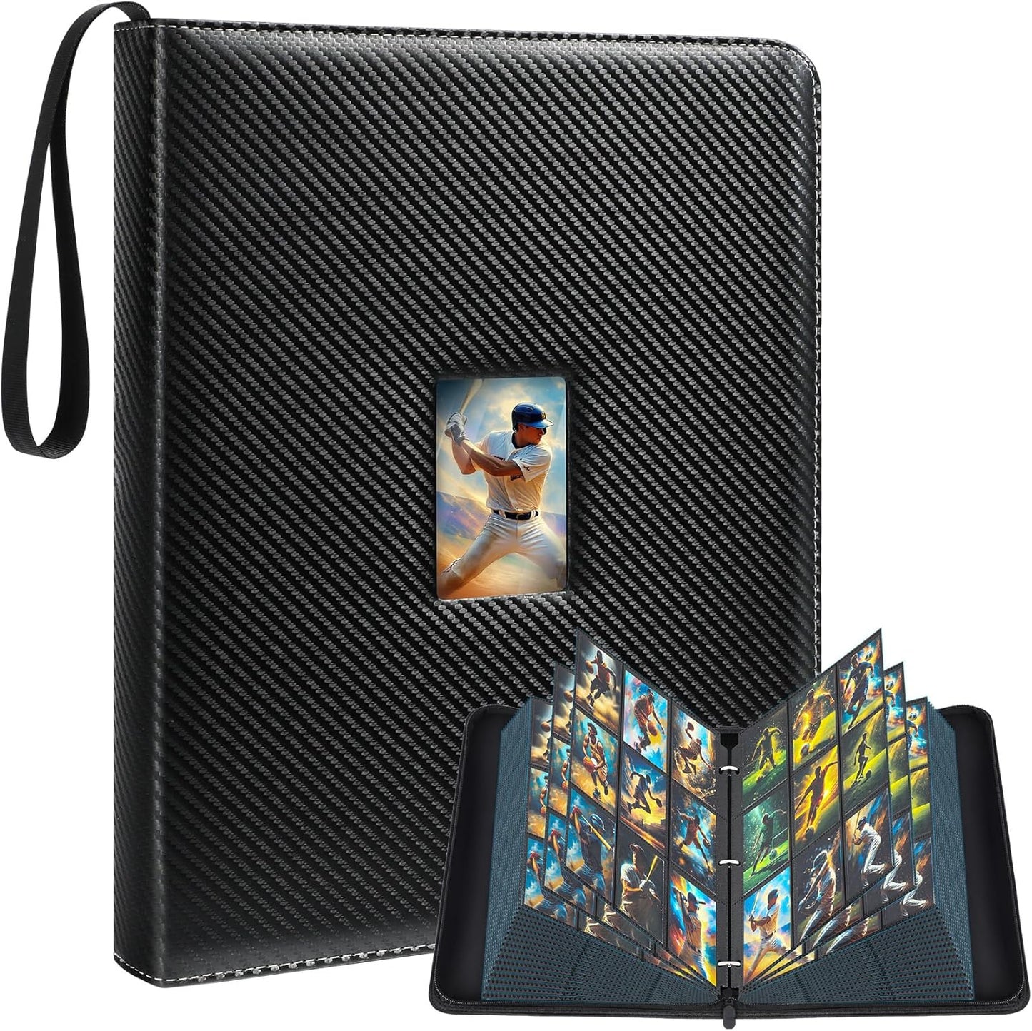 Trading Card Binder 9 Pocket with Display Window, 900 Cards Capacity Card Binder, Waterproof PU Leather Photocard Baseball Card Binder for MTG, TCG, Sports Cards, Black w/Clear Display Window