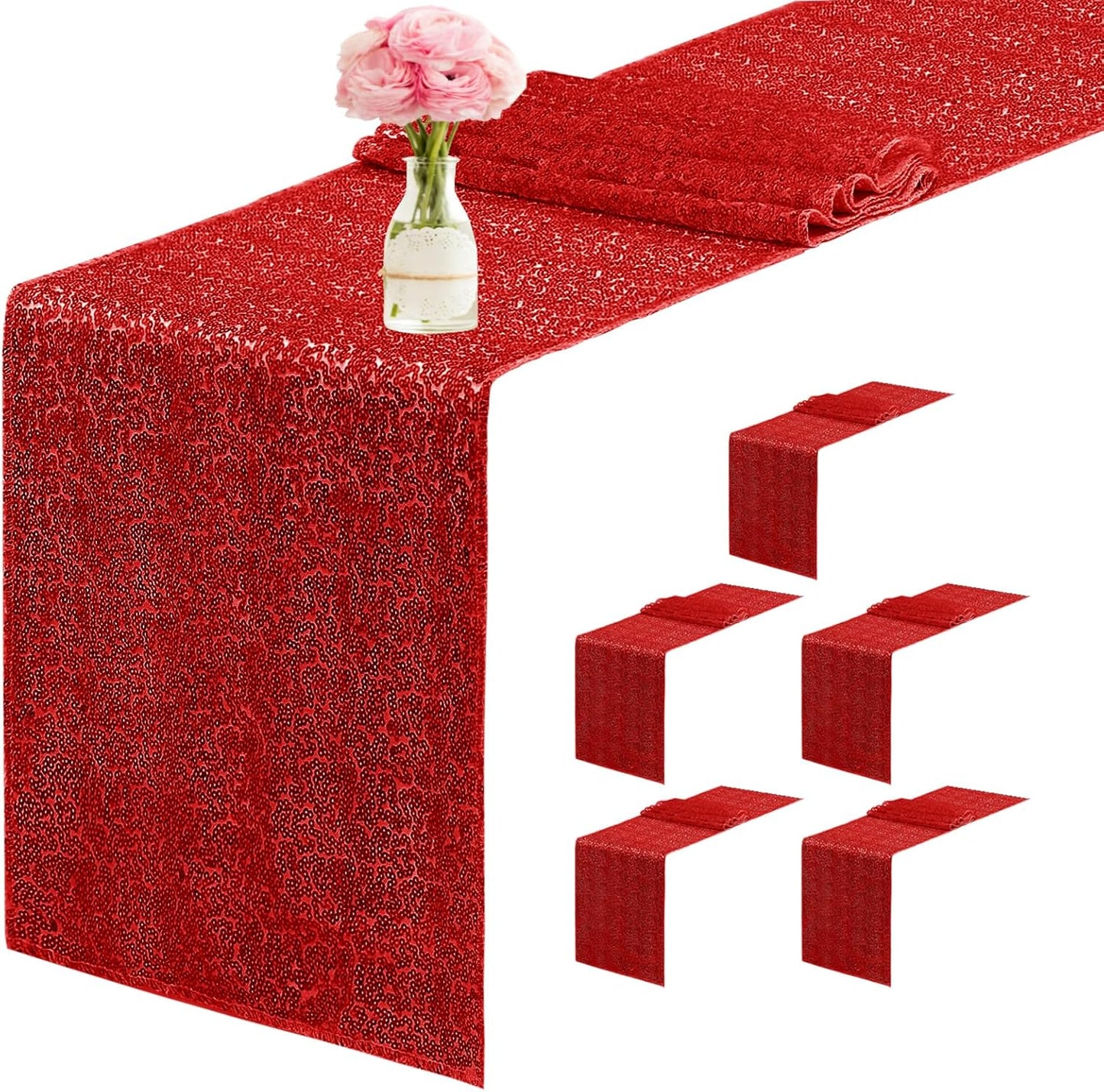 6 Packs 12 x 72 inches Sequin Table Runner, Red Glitter Table Runner for Birthday Party Supplies Wedding Engagement Baby Shower Holiday Celebration Event Decorations