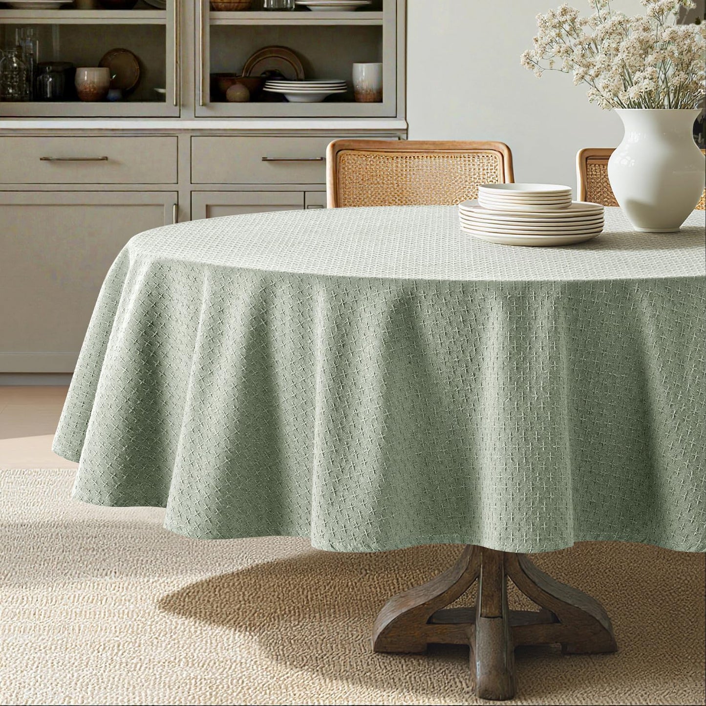 MIULEE Sage Green Linen Cottton Table Cloth Round Tablecloth Waterproof Spillproof Cross-Star Textured Table Cltoth Decorative Farmhouse Style for Dining Party Weddings 60 Inch