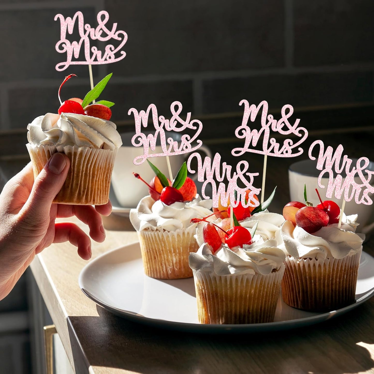 Gyufise 36Pcs Mr & Mrs Cupcake Toppers & Picks Wedding Engagement Cake Decorations for Wedding, Birthday, Anniversary Party Supplies Light Pink