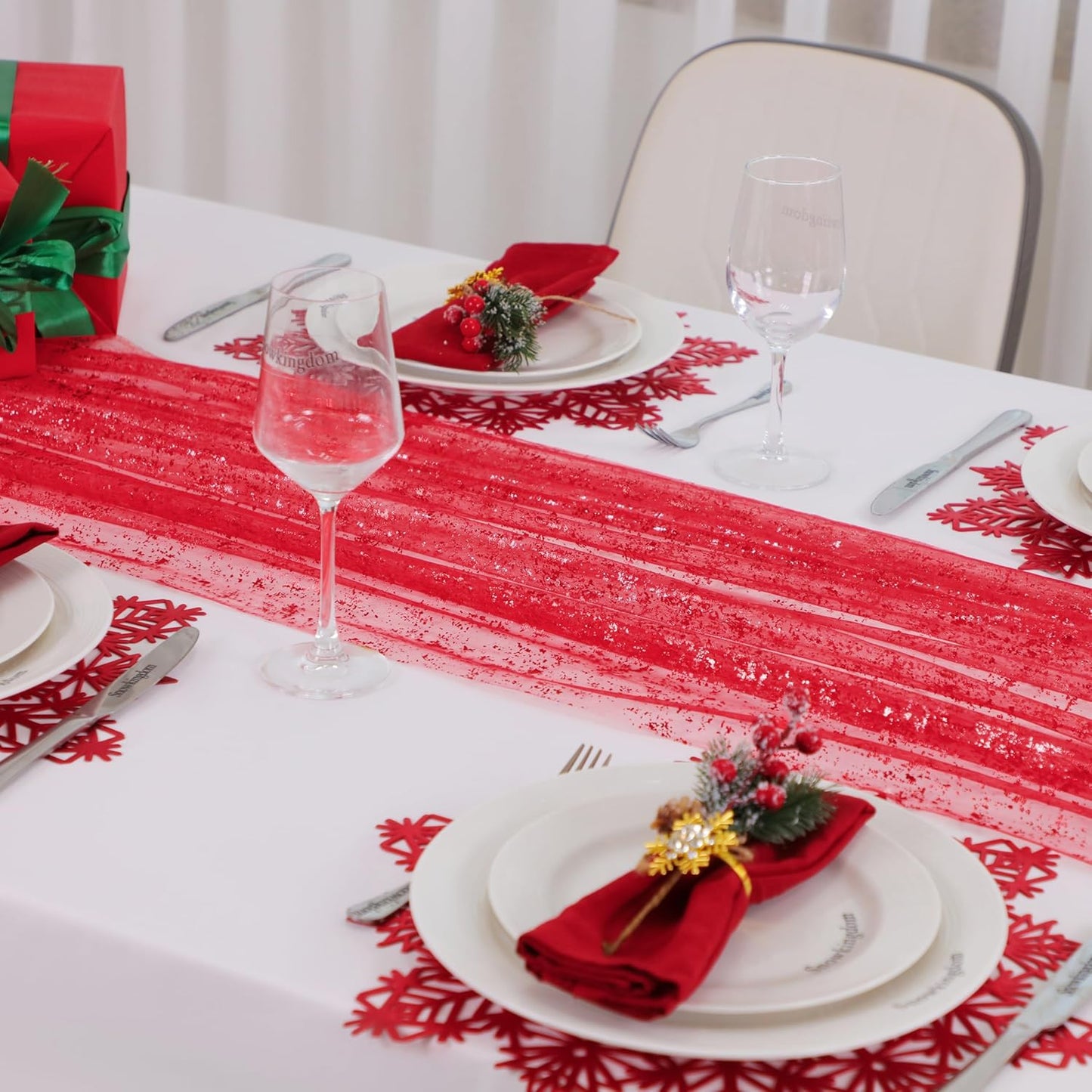 Snowkingdom Red Christmas Table Runner 10 FT, Glitter Metallic Foil Sheer Tulle Cheesecloth Gauze Runner 120 Inch, Red Table Centerpieces Decoration for Wedding Birthday Party Holiday
