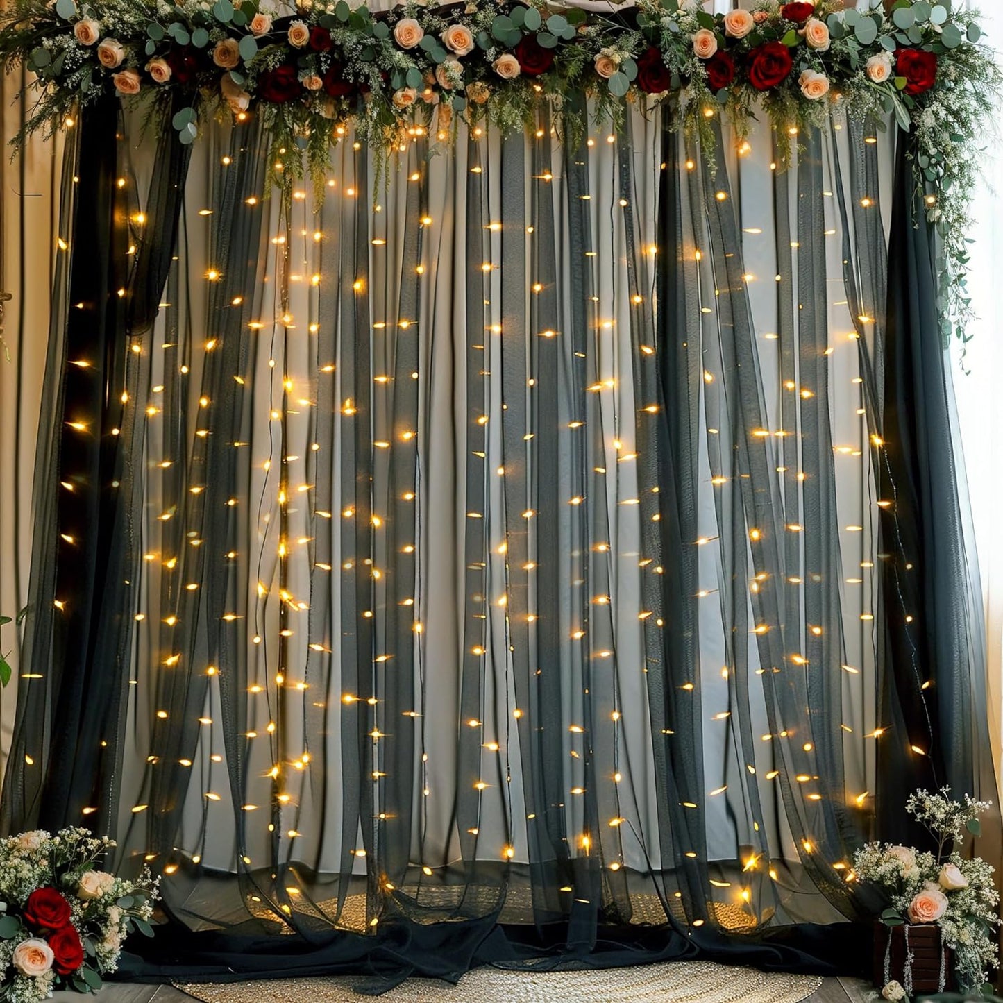 Black Sheer Backdrop Curtains with Lights String for Parties Birthday 10ft × 8ft Black Tulle Backdrop Curtain for Baby Shower Wedding Graduation Halloween Party Photo Shoot Decorations