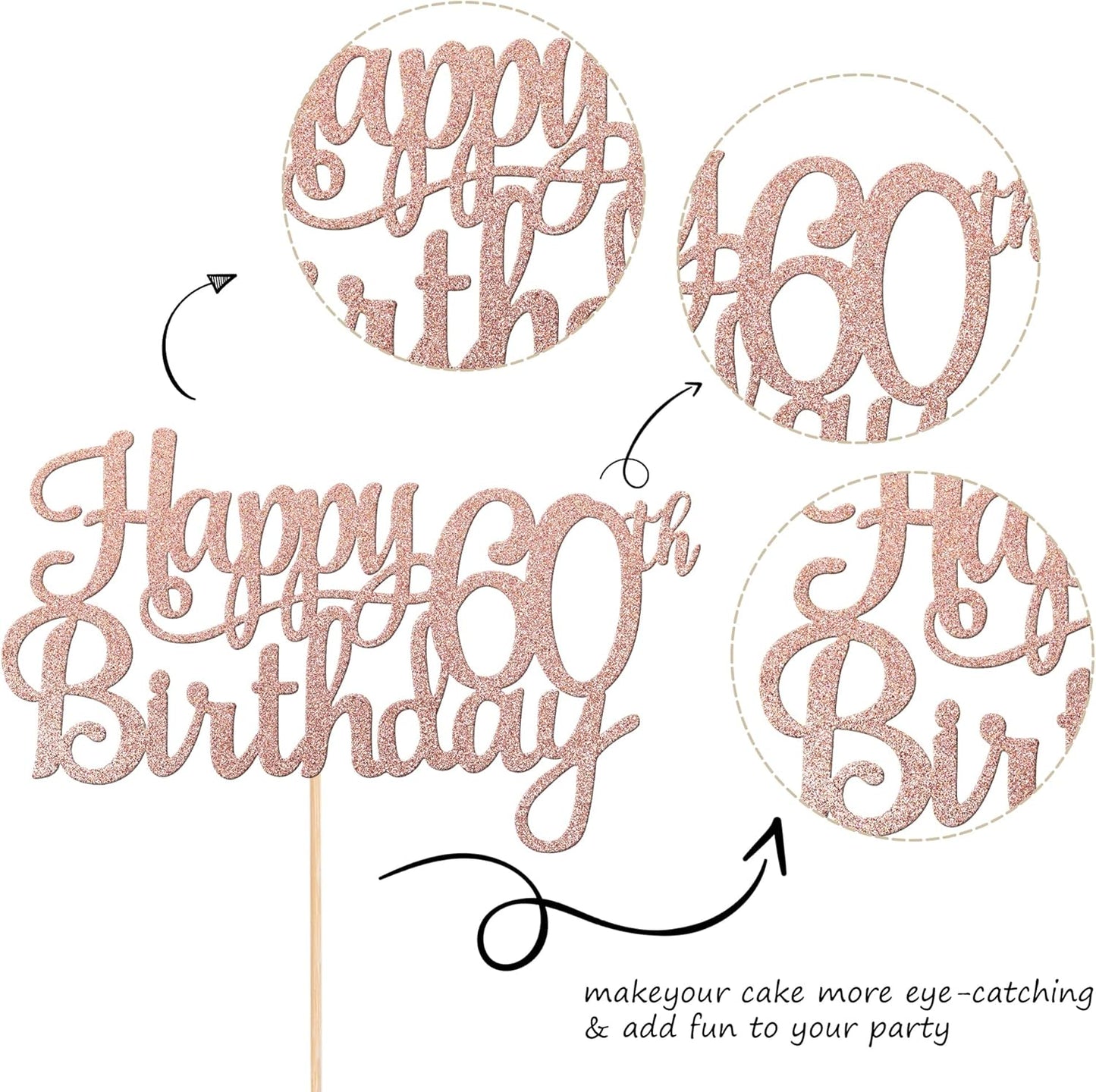 1 PCS Happy 60th Birthday Cake Topper Glitter Cheers to 60 Years Birthday Cake Pick 60 Fabulous Cake Decoration for Happy 60th Birthday Anniversary Party Decorations Supplies Rose Gold