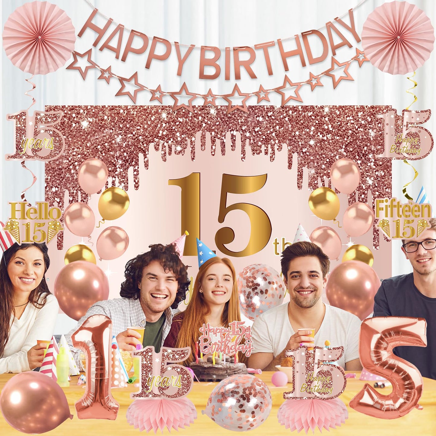 Turypaty Happy 15th Birthday Decorations Kit Girls, Pink 15 Party Supplies