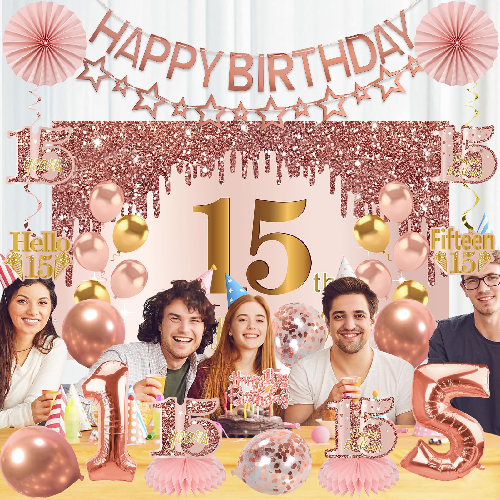 Turypaty Happy 15th Birthday Decorations Kit Girls, Pink 15 Party Supplies