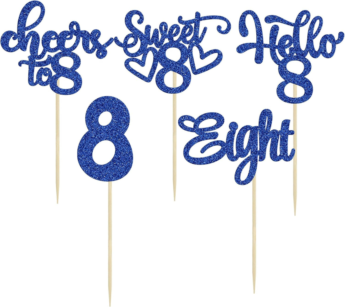 30Pcs 8th Birthday Cupcake Toppers Glitter Eight Hello 8 Cupcake Picks Cheers to 8 Years Old Cake Decorations for 8th Birthday Party Supplies Deep Blue