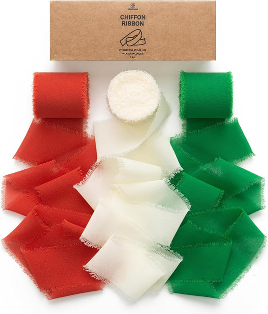 Vitalizart Christmas Handmade Chiffon Silk Ribbon Fringe 1.5" x 21 Yd Frayed Edges Ribbons for Wedding Invitations Bridal Bouquets Gifts Wrapping Crafts Holiday Decorations Red Green White