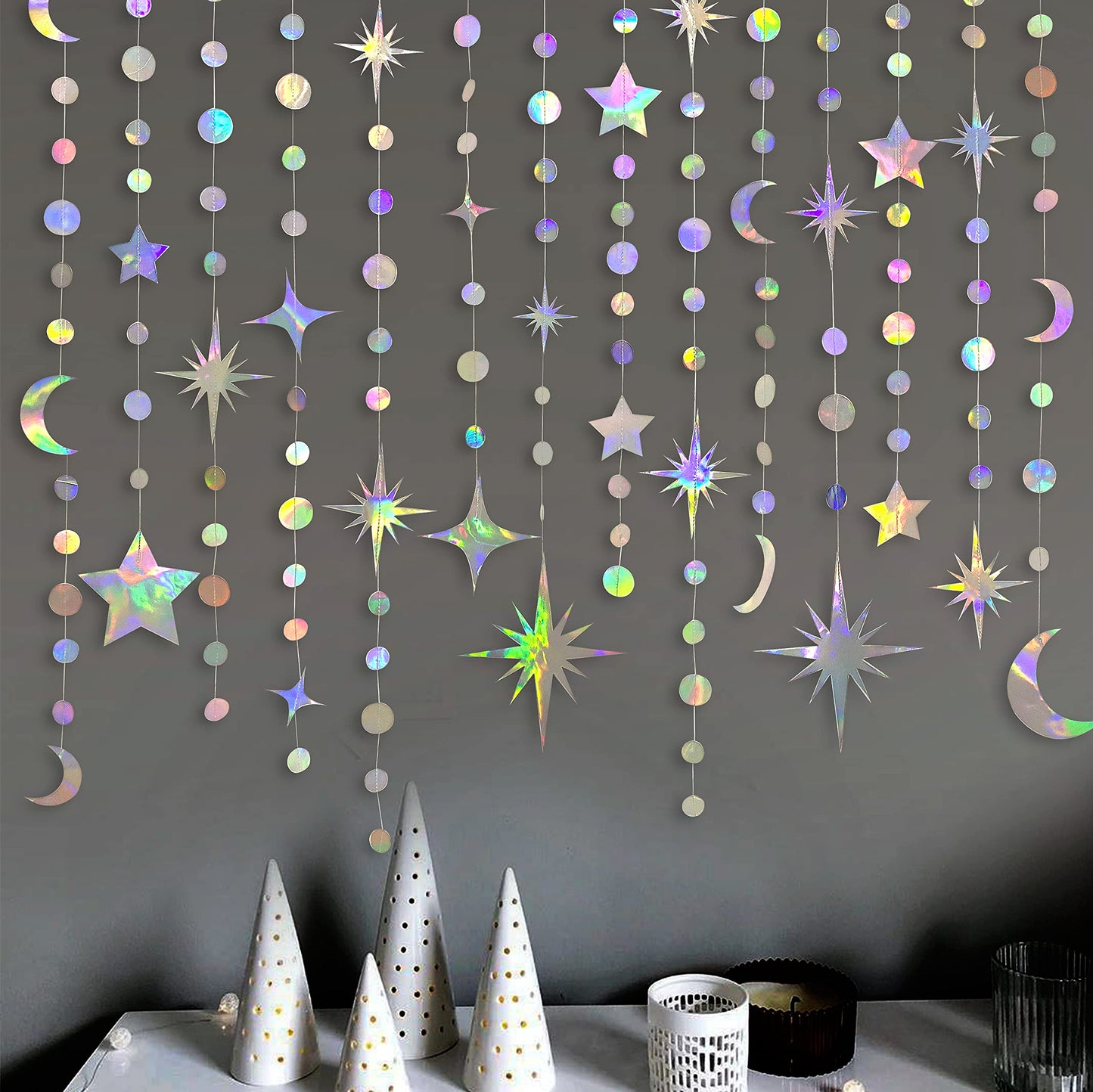 Iridescent Party Decorations Holographic Star Moon Circle Dot Garland Hanging Crescent and Twinkle