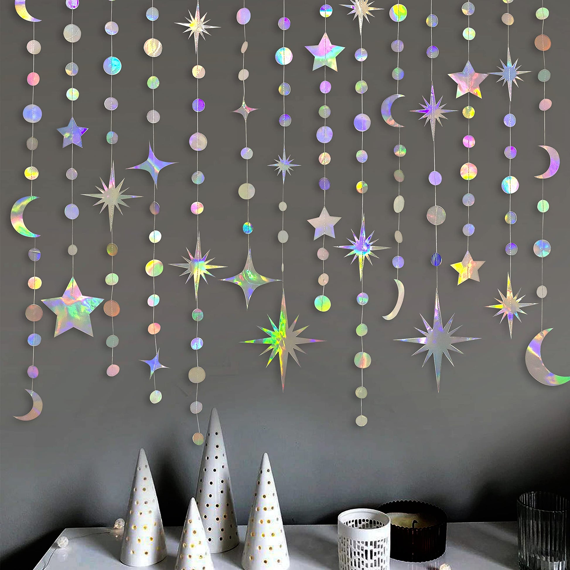 Iridescent Party Decorations Holographic Star Moon Circle Dot Garland Hanging Crescent and Twinkle