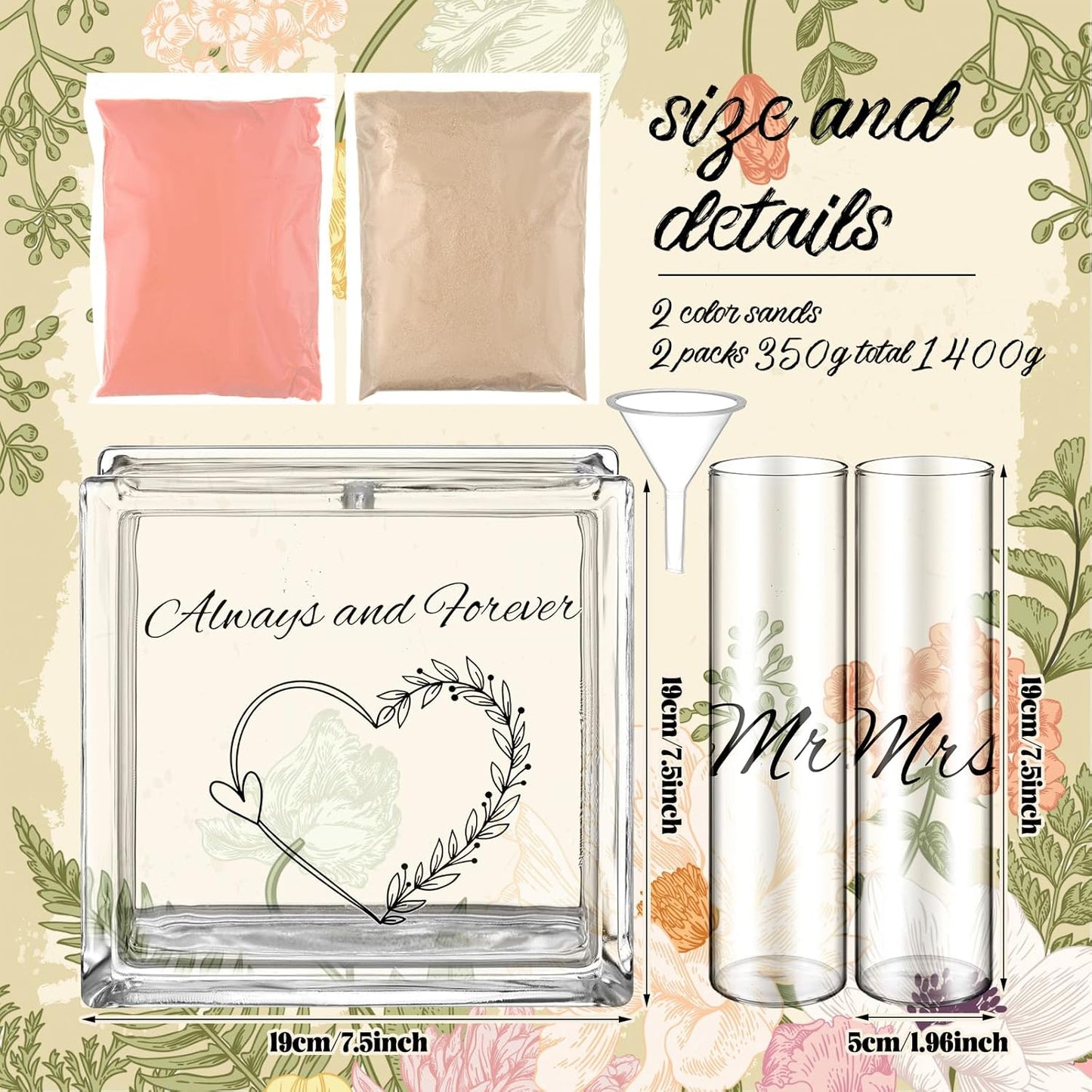 Wedding Unity Sand Set Include Vases Square Glass Jar Container 12 oz Sand for Blended Family Engagement Anniversary Bridal Party Outdoor Beach Decor(Light Colors,Heart)