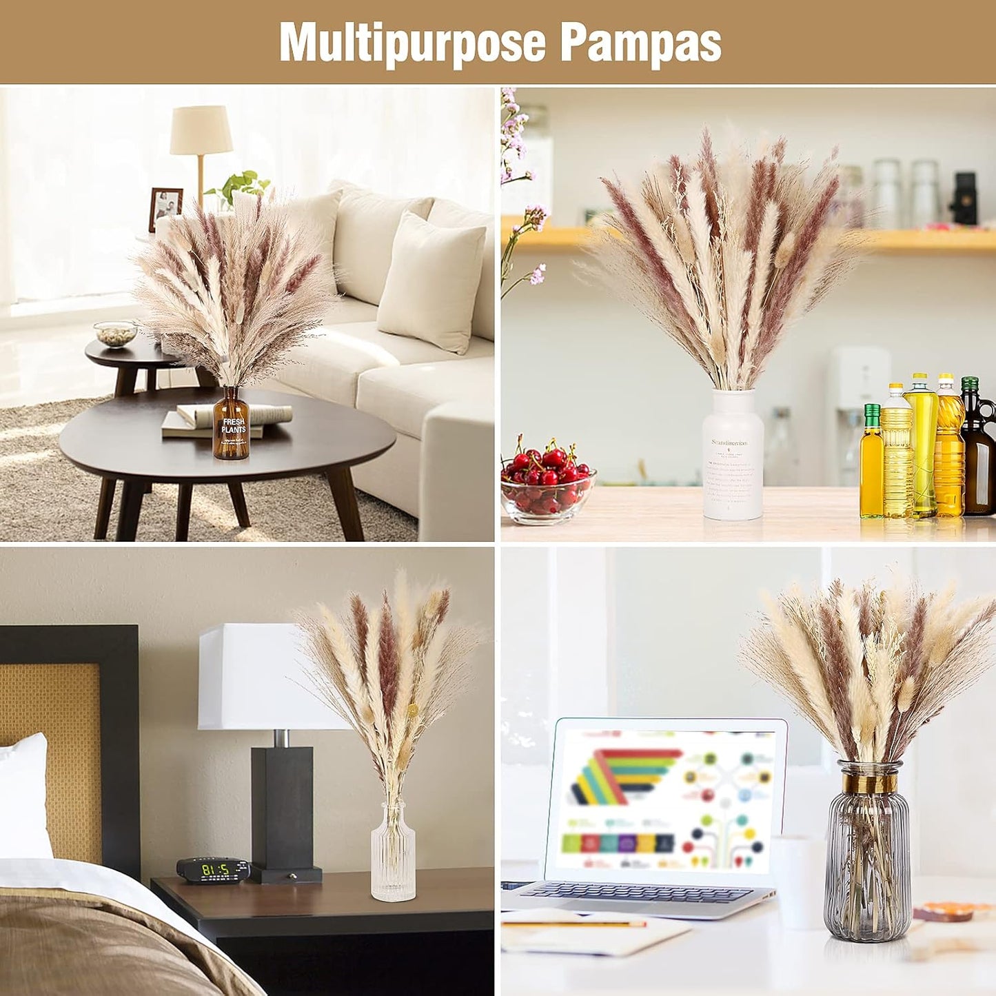 N&T NETING 75Pcs Pampas Grass Decor-10Pcs White Pampas Grass, 20Pcs Brown Pampas, 10Pcs Bunny Tail, 30Pcs Reed, 5Pcs Fluffy Dried Pompas Grass Flower for Fall Home Wedding Table Vase Boho Decor