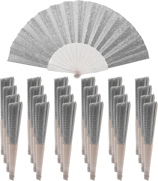 24 Pack Handheld Fan,Folding Hand Glitter fan with Shining Transparent Fan Rib – Ideal for Wedding, Church, Festival, Dance, Tea Party, Club, and EDM Accessories, Silvery