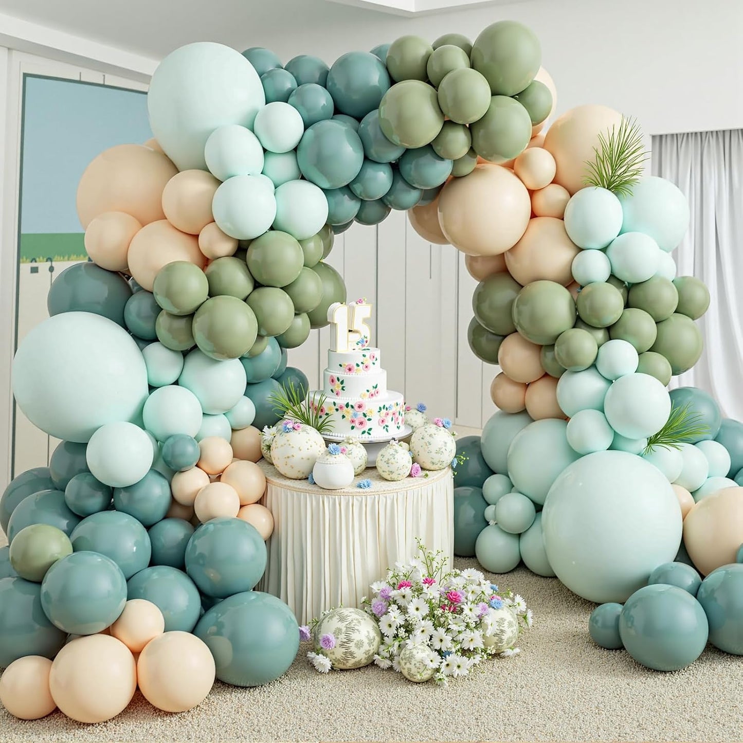 412Pcs Dusty Blue Green Balloon Garland Arch Kit,Haze Fog Blue Ash Mist Sage Green Sand White Gold Balloons Different Sizes Matte Latex Balloons for Baby Shower Birthday Wedding Party Decorations