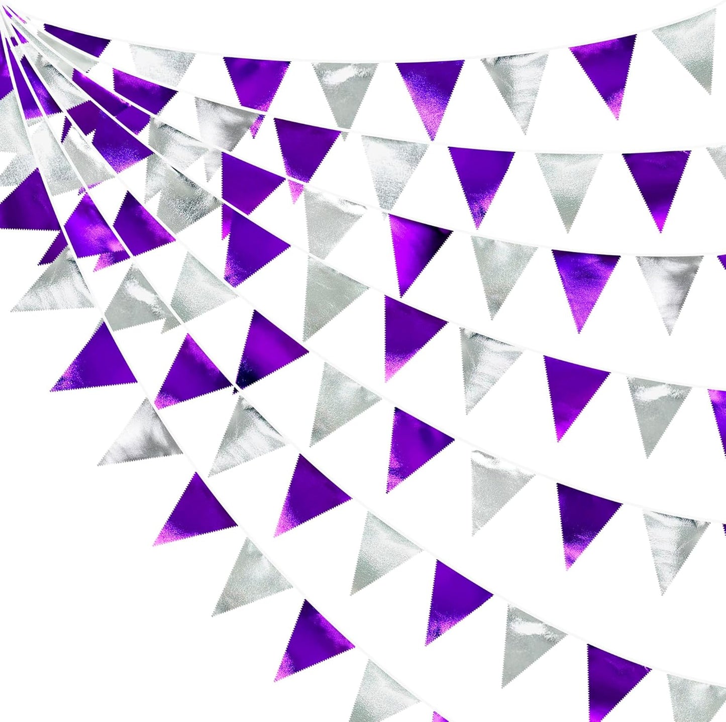 Purple and Silver Party Decorations Triangle Pennant Banner Flag Metallic Fabric Bunting Garland for Birthday Graduation Retirement Bachelorette Wedding Bridal Shower Engagement Disco Party Supplies
